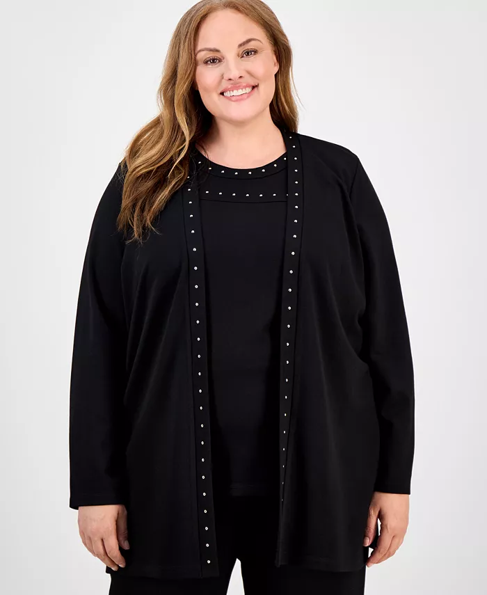 

Кардиган большого размера с отделкой заклепками и открытым передом Anne Klein, черный