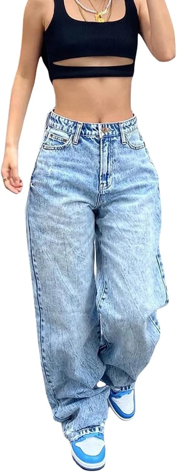 

Fanvereka женские джинсы mid-rise baggy с прямыми широкими штанинами