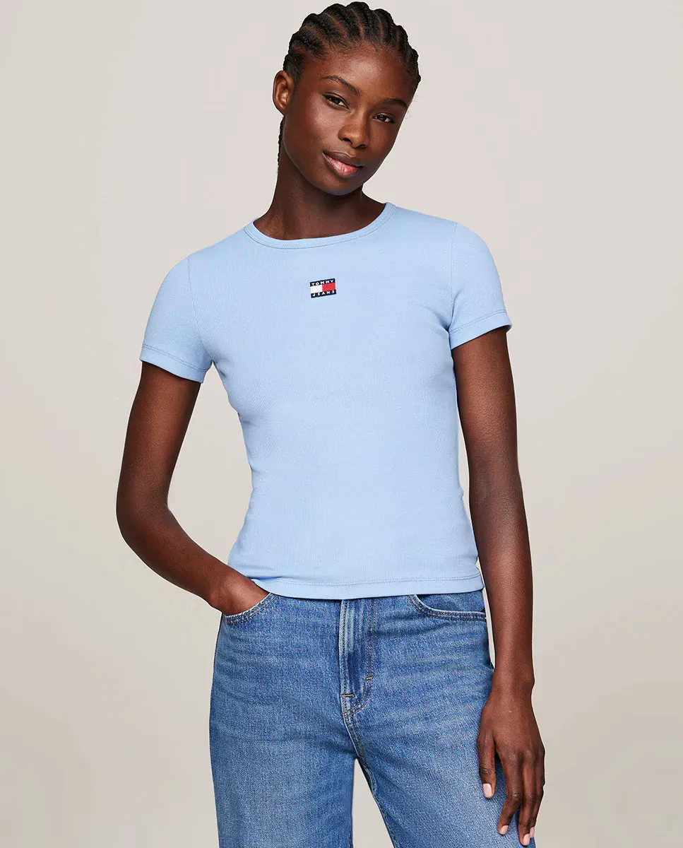 

Женская облегающая футболка с короткими рукавами Tommy Jeans, светло-голубой