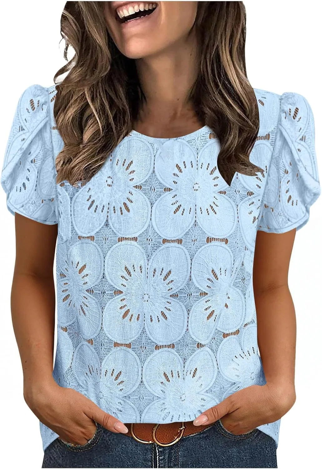 Блуза женская кружевная с коротким рукавом, Light Blue