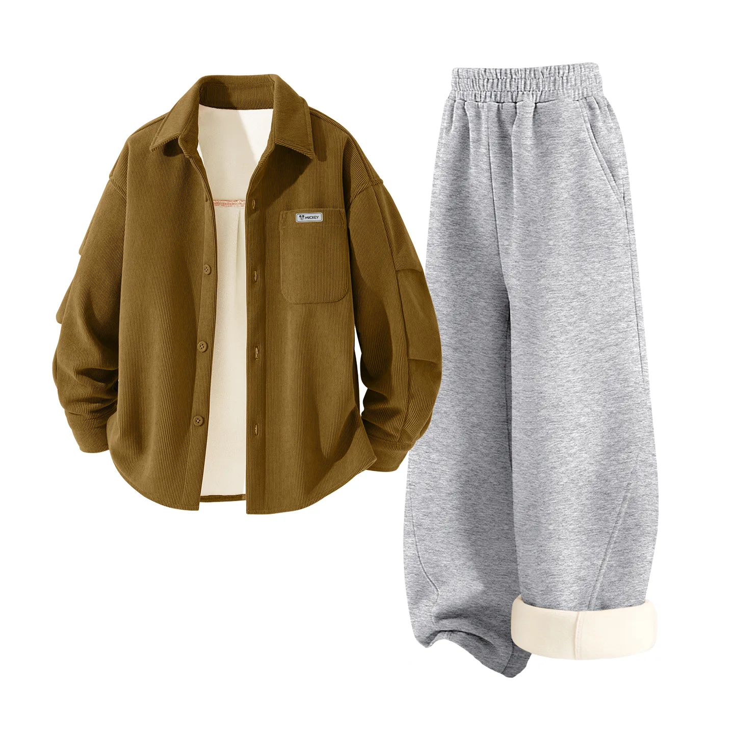 Детский спортивный костюм с воротником-стойкой на флисе Disney, [Thickened and Fleece-Lined]Di H Square Hook-and-Loop K Olive Green+Solid Color Heather Gray