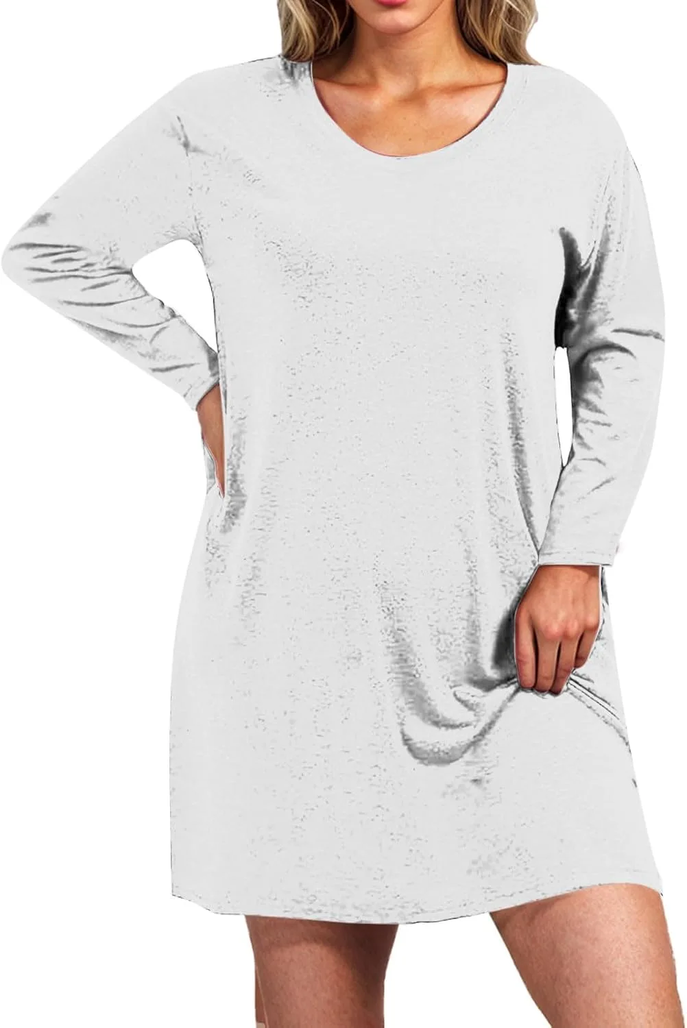 Платье Plus Size для женщин, осеннее повседневное, с длинным рукавом и круглым вырезом, свободного кроя, базовое однотонное Generic, белый — фото 2