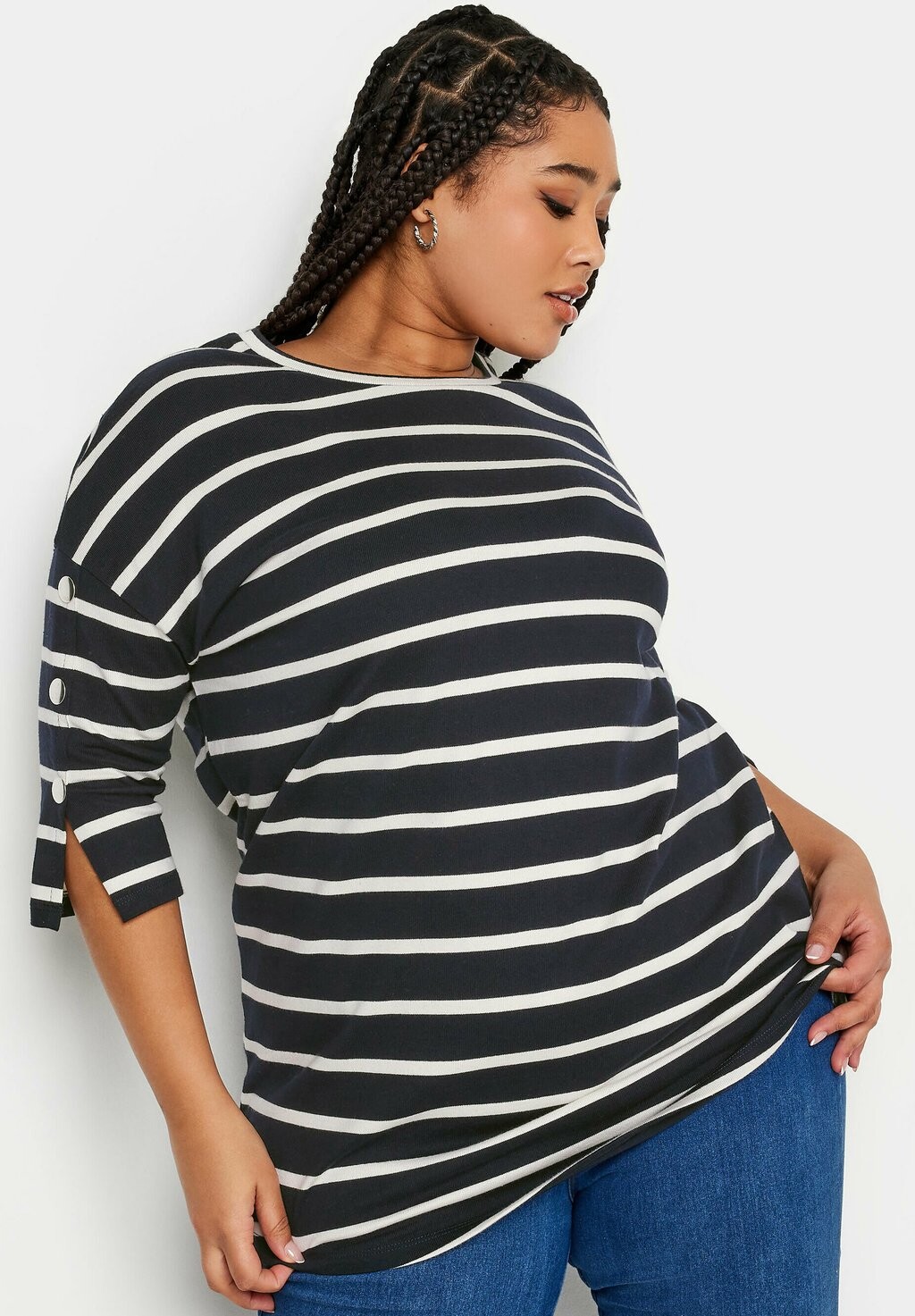 

Футболка с длинным рукавом Striped Button Sleeve Yours Clothing, темно-синяя