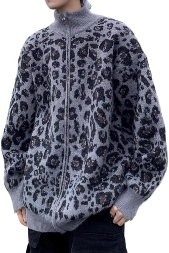 

Мужской кардиган с молнией и леопардовым принтом, свободный, с воротником стойкой Uohuangjia
