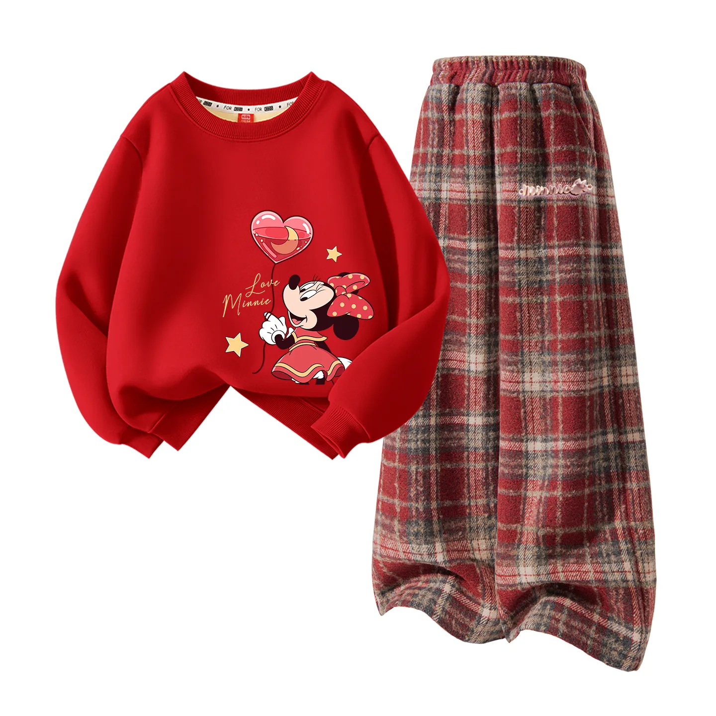 Disney Kids Tang Suits Crew Neck Thickness, [Thickened and Fleece-Lined]Di Xinqiu Niu_Right Lower Red+Di Chang Metal Label K Red Plaid