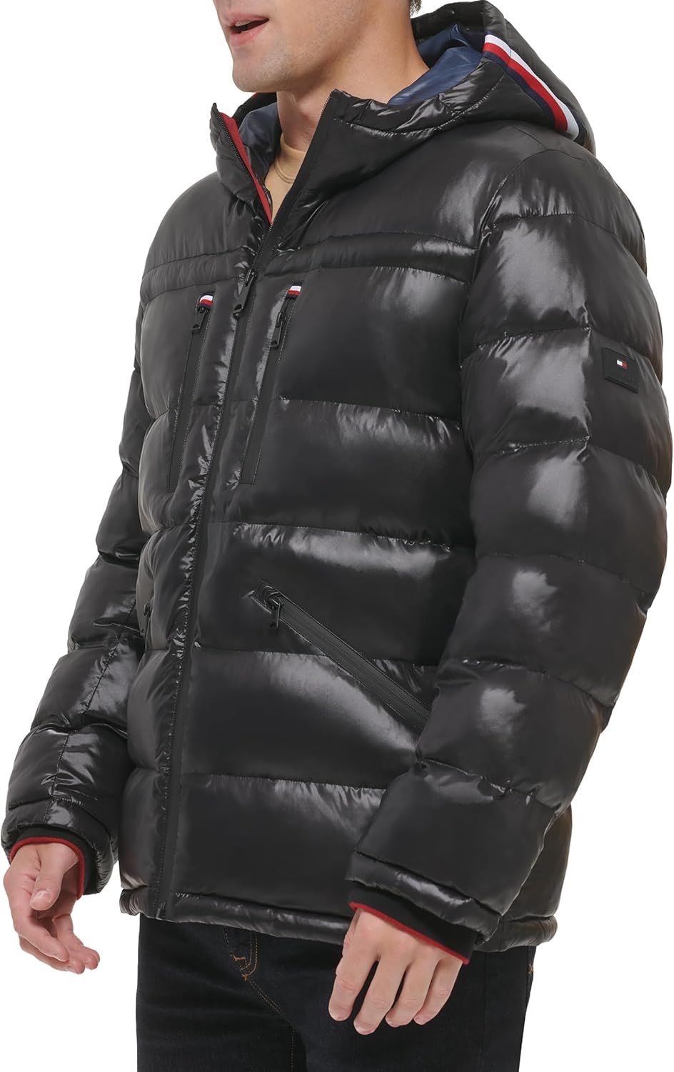 Мужская блестящая стеганая куртка Tommy Hilfiger Mens с логотипом средней толщины, Black — фото 3