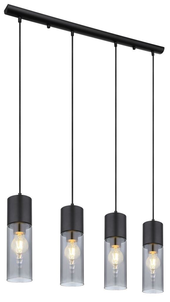 

Подвесной светильник Globo Lighting металл черный матовый, стекло дымчатое, металл черный матовый, кабель черный текстильный, высоту можно укоротить, ДxШxВ: 800x90x1560 мм, без 4x E27 25 Вт 230 В., серебро