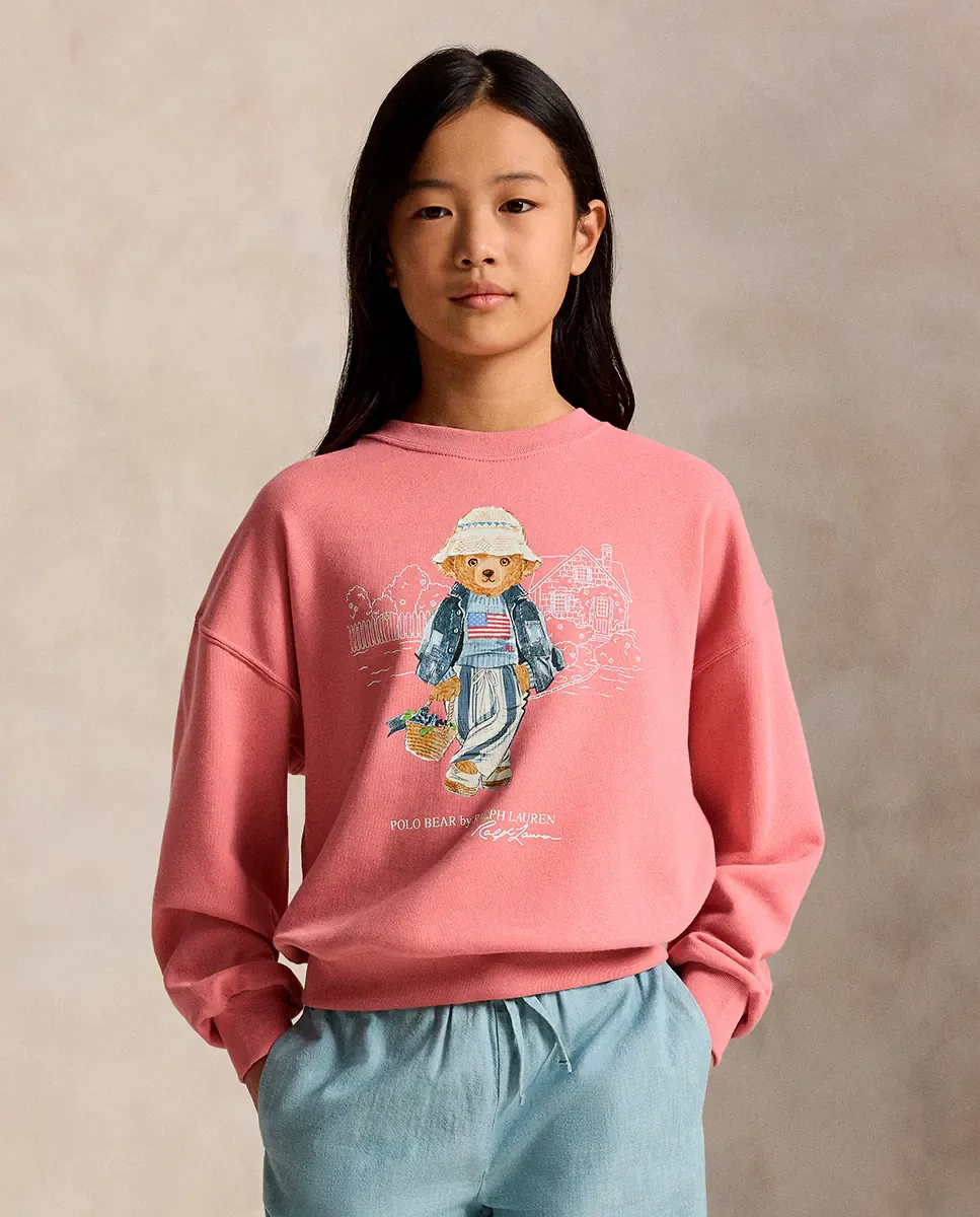 Девочковый свитшот с круглым вырезом и медведем Полом Polo Ralph Lauren, коралловый