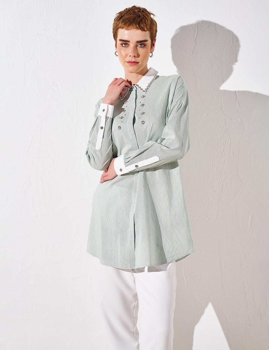 

Туника из поплина с каменной вышивкой Benetton Green Kayra