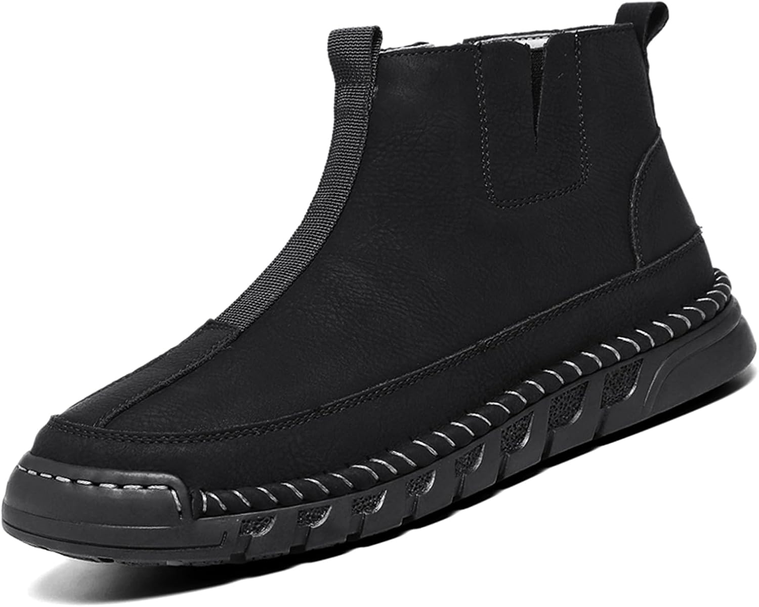 

Мужские кожаные ботинки Lossarye Chelsea на платформе с боковой молнией, повседневные с закругленным носком, ручная строчка, нескользящие ботинки-чукка до щиколотки, высокие деловые ботинки, черный