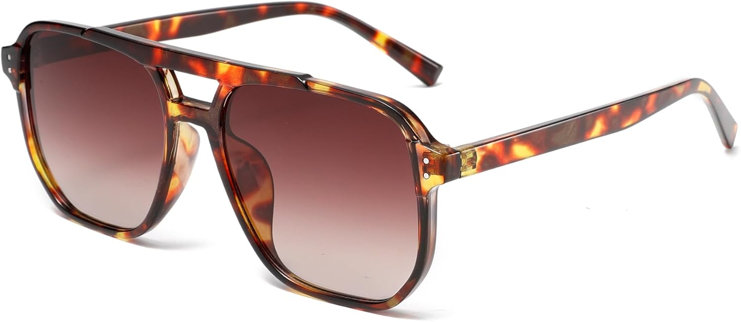 

Солнцезащитные очки Long Keeper Retro Square Pilot для женщин и мужчин, в стиле 70-х, с двойной перемычкой, авиационные, квадратные, модные винтажные, с защитой от УФ-излучения UV400, Leopard Frame - Gradient Brown Lens