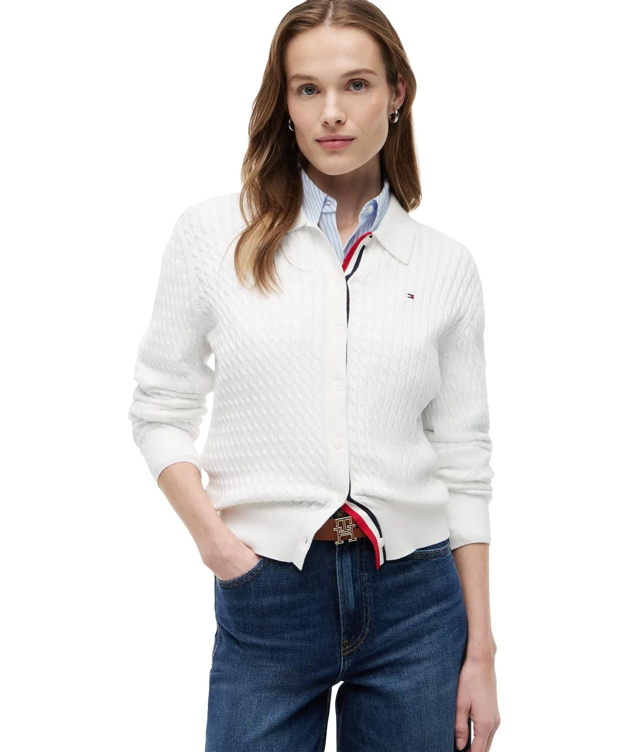 Кардиган с воротником и косами Tommy Hilfiger из хлопка, белый