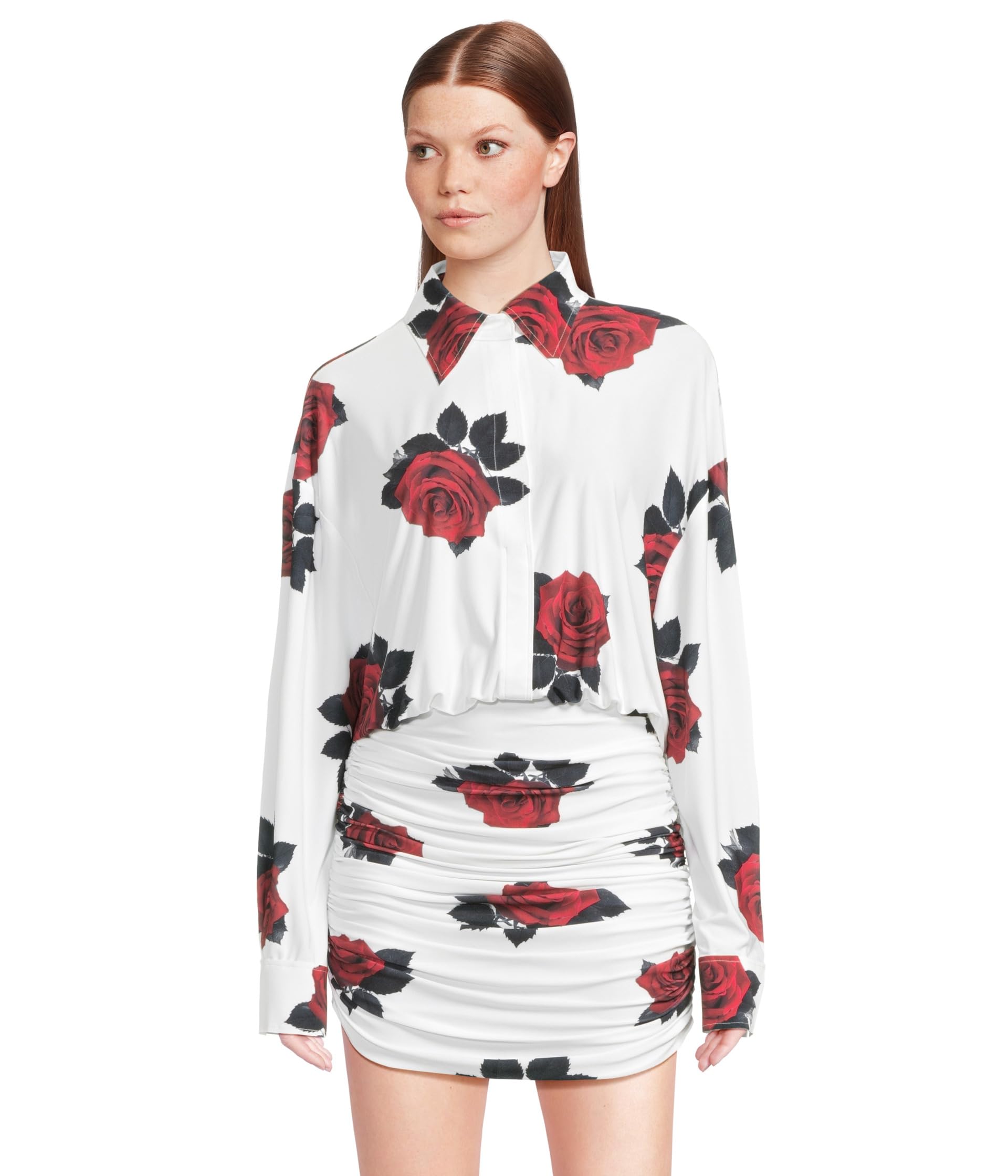 

Платье Norma Kamali Oversized Boyfriend Neck Shirt Shirred Bottom Mini Dress, Red Rose