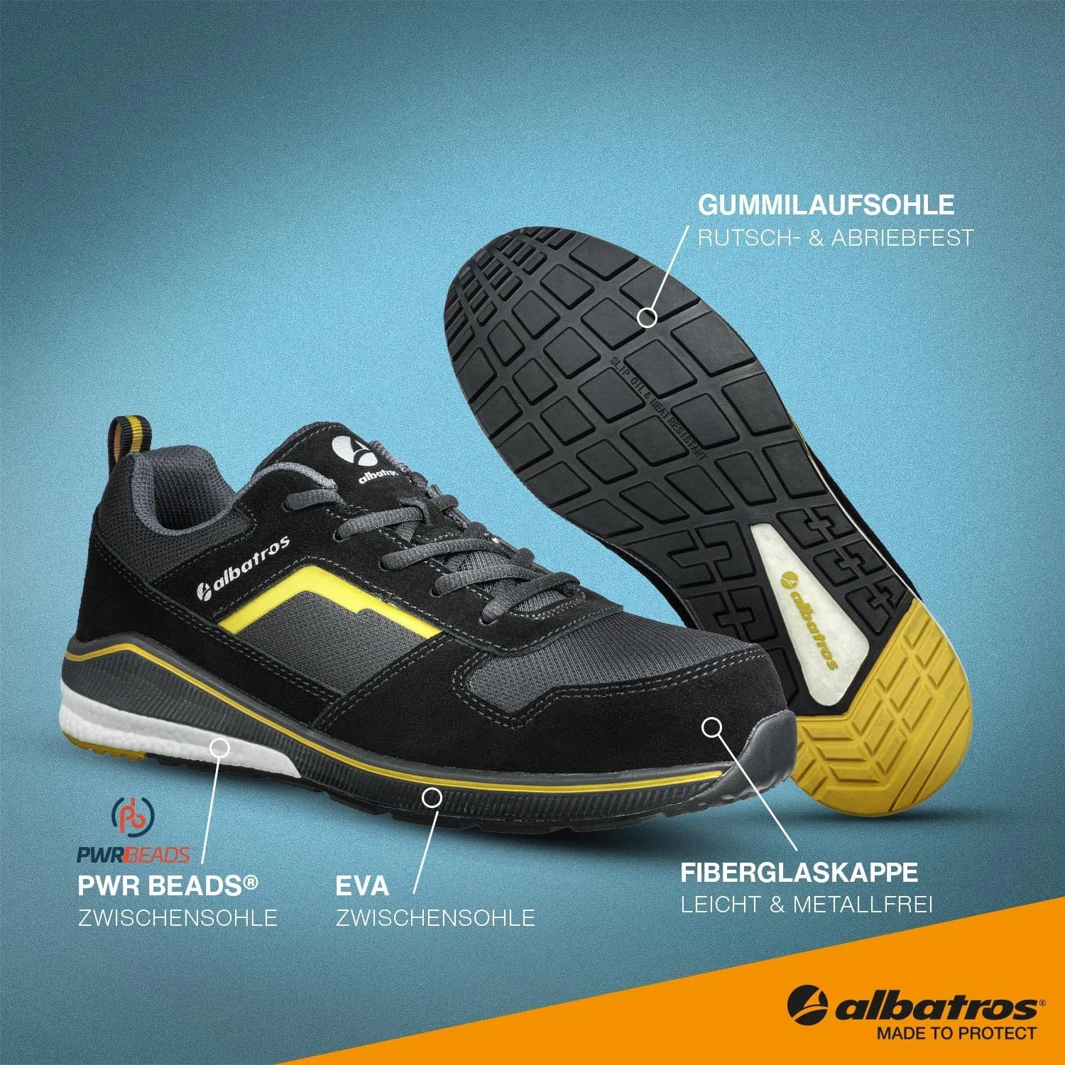 Рабочие защитные ботинки ALBATROS Court Black Low, черные, S3 ESD HRO SRC, с защитным носком из стекловолокна, дышащие, нескользящие, без металлических деталей, мужские — фото 3