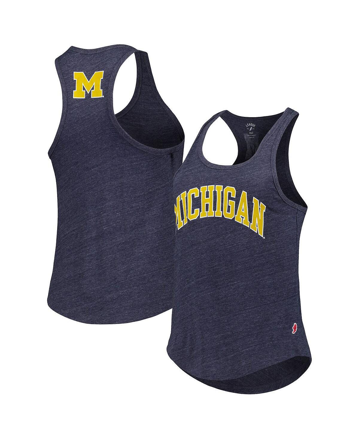 

Женская майка Heather Navy Michigan Wolverines Two-Hit Intramural Tri-Blend с овальным вырезом и открытой спиной League Collegiate Wear