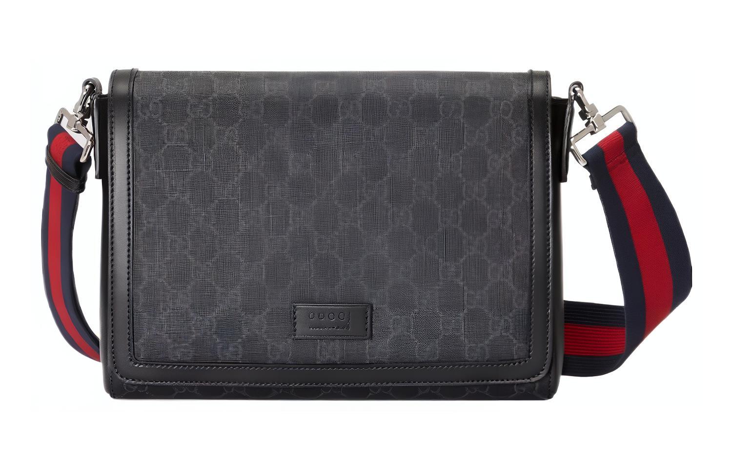 

Холщовая сумка через плечо с кожаной отделкой, черная мужская GUCCI