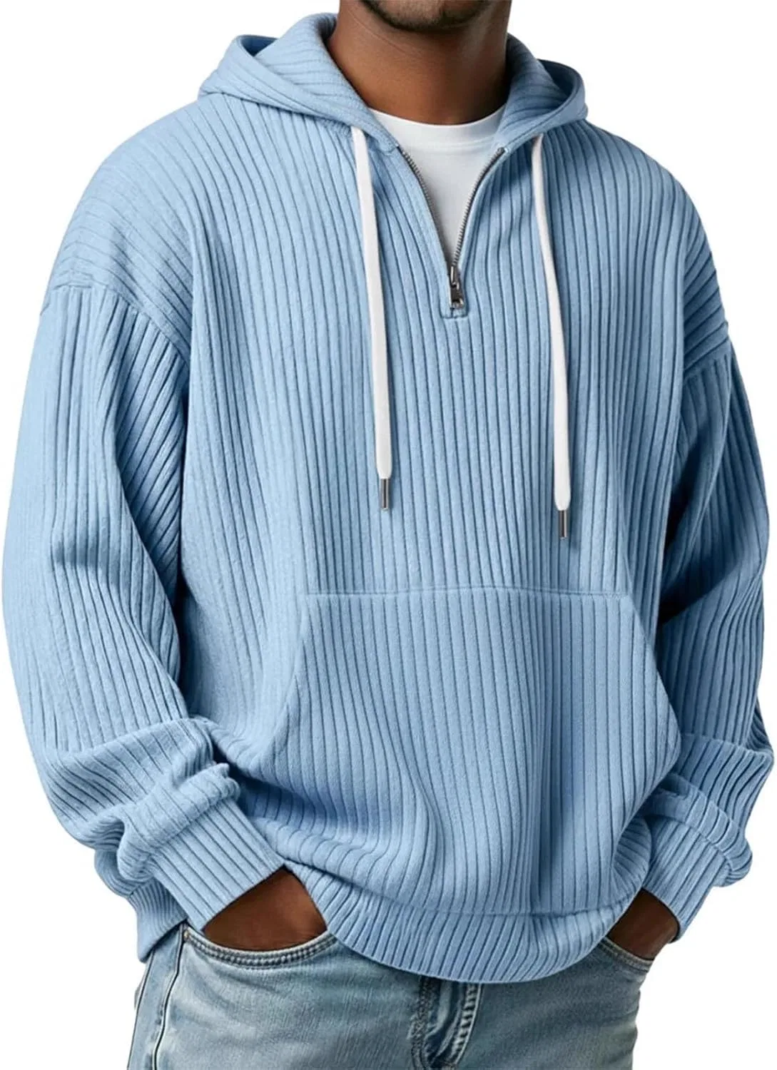 Мужская худи с капюшоном, молния 1/4, Light Blue