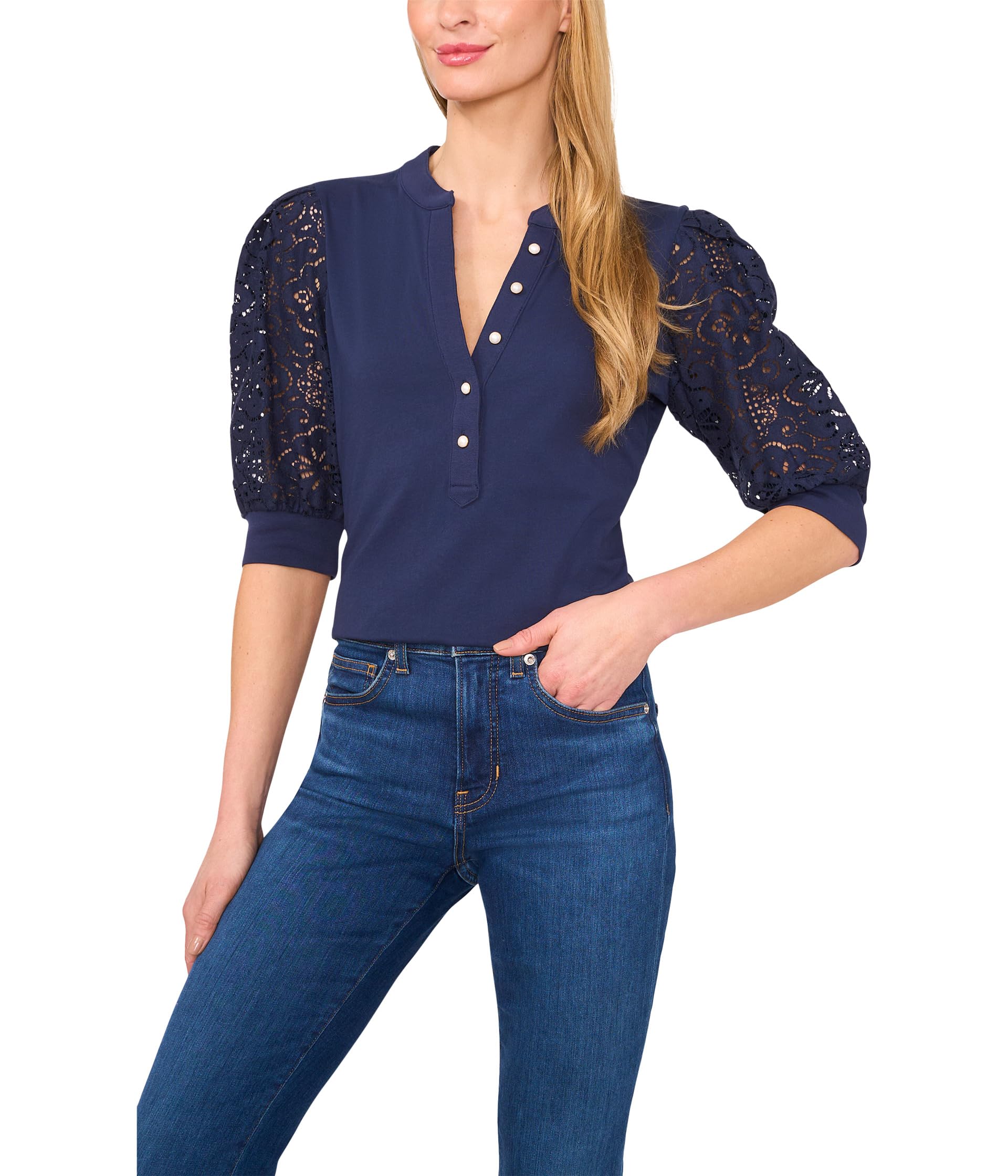 

Футболка CeCe Elbow Puff Sleeve Henley Mixed Media Tee, Classic Navy