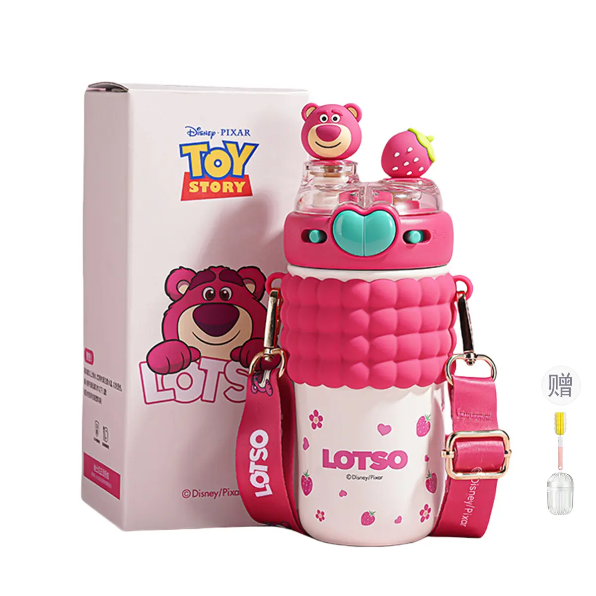 Детский термос Strawberry Bear Disney «Double Drink», 520 мл, Lotso + ершик, ситечко