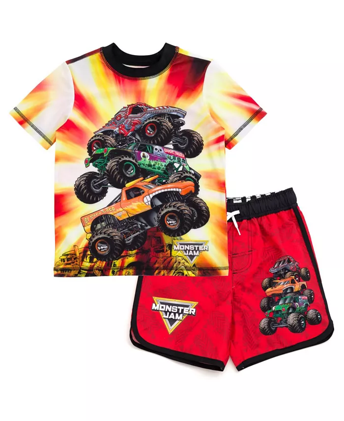 

Детский комплект для плавания: худи-рашгард и шорты Boys Pullover Rash Guard and Swim Trunks Outfit Set Monster Jam, оранжевый
