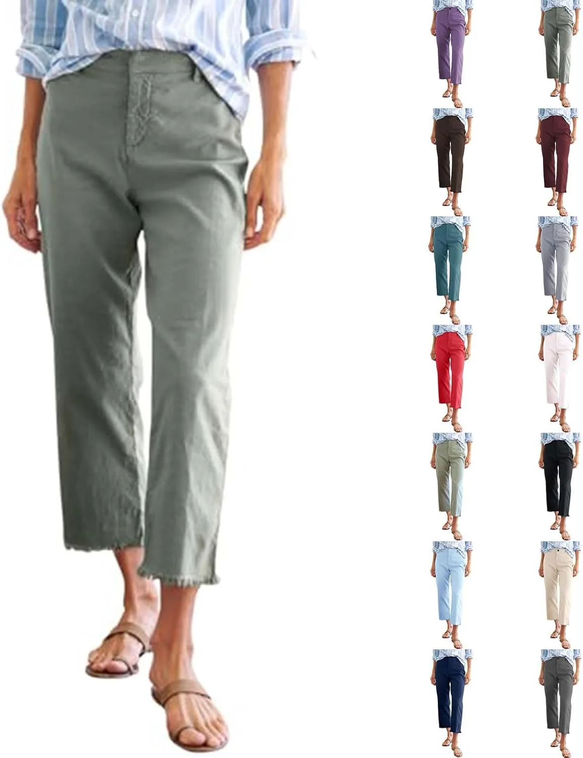 Укороченные льняные брюки женские Plus Size Chino с плоской передней частью, эластичные, удобные рабочие капри для офиса, деловые брюки Generic, зеленый