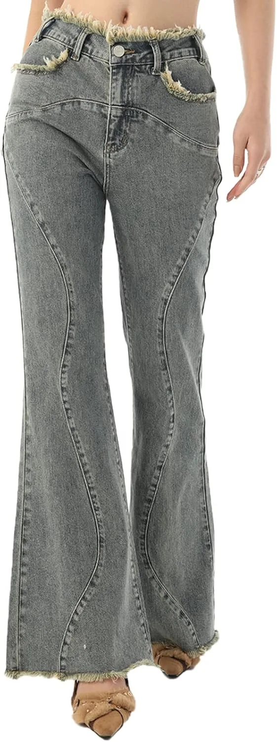 

Женские винтажные джинсы Bell Bottom с низкой посадкой, растягивающиеся, потертые, с бахромой ZENTHACE