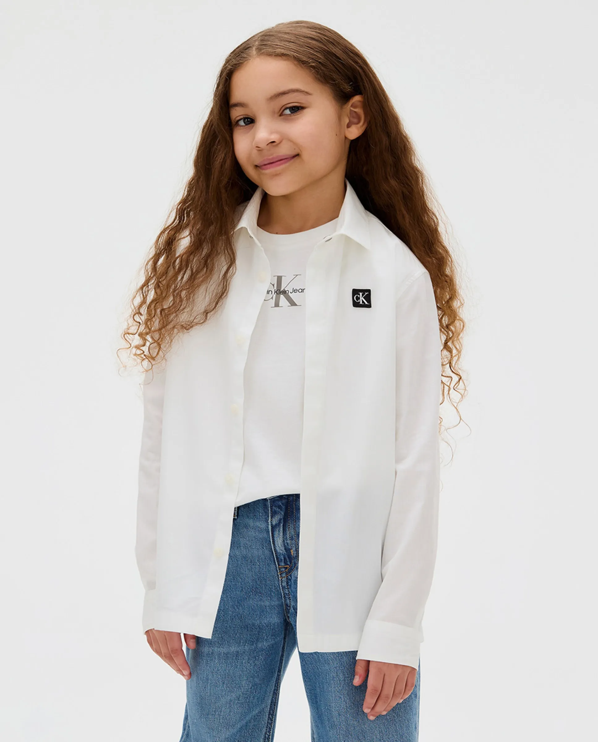 

Детская поплиновая рубашка с логотипом Calvin Klein, белый