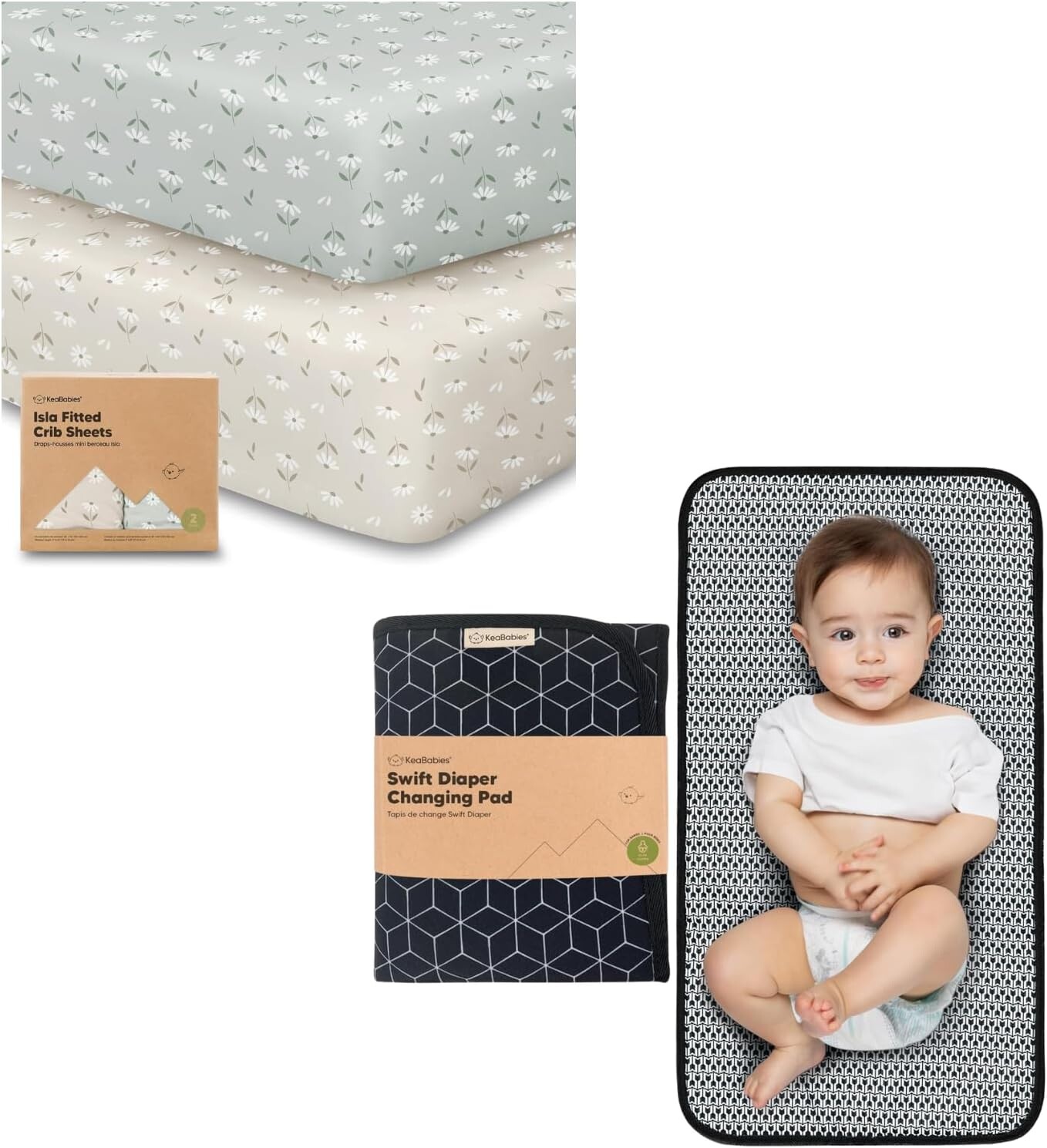 

Комплект из 2 бамбуковых вискозных простыней для кроватки Keababies и переносной пеленальной пеленки - органические простыни для детской кроватки для малышей - водонепроницаемый складной коврик для пеленания ребенка