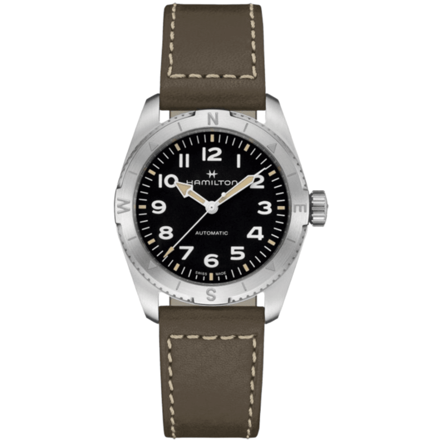 

Hamilton Khaki Field Expedition Auto 37 мм черный циферблат коричневый кожаный ремешок женские часы H70225830