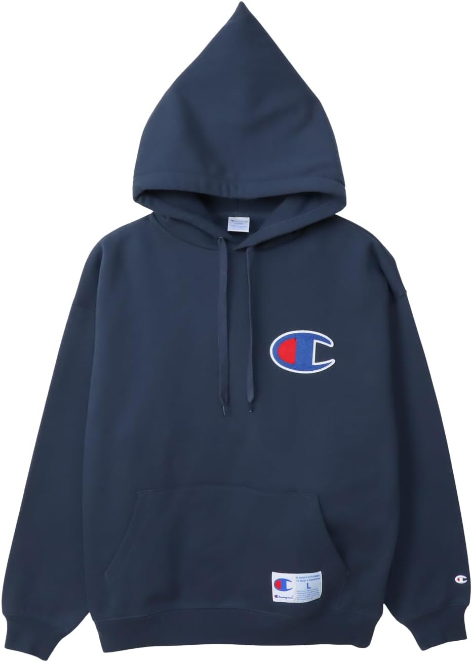 

Мужская толстовка Champion C3-C106 с капюшоном, длинный рукав, круглый вырез, свободный крой, большой логотип, спортивный стиль, темно-синий