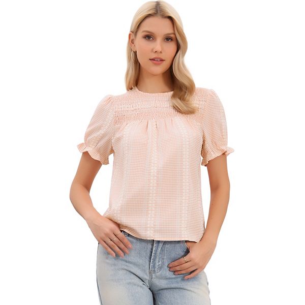 

Женская блузка с баской и пышными короткими рукавами в клетку Inspire Chic