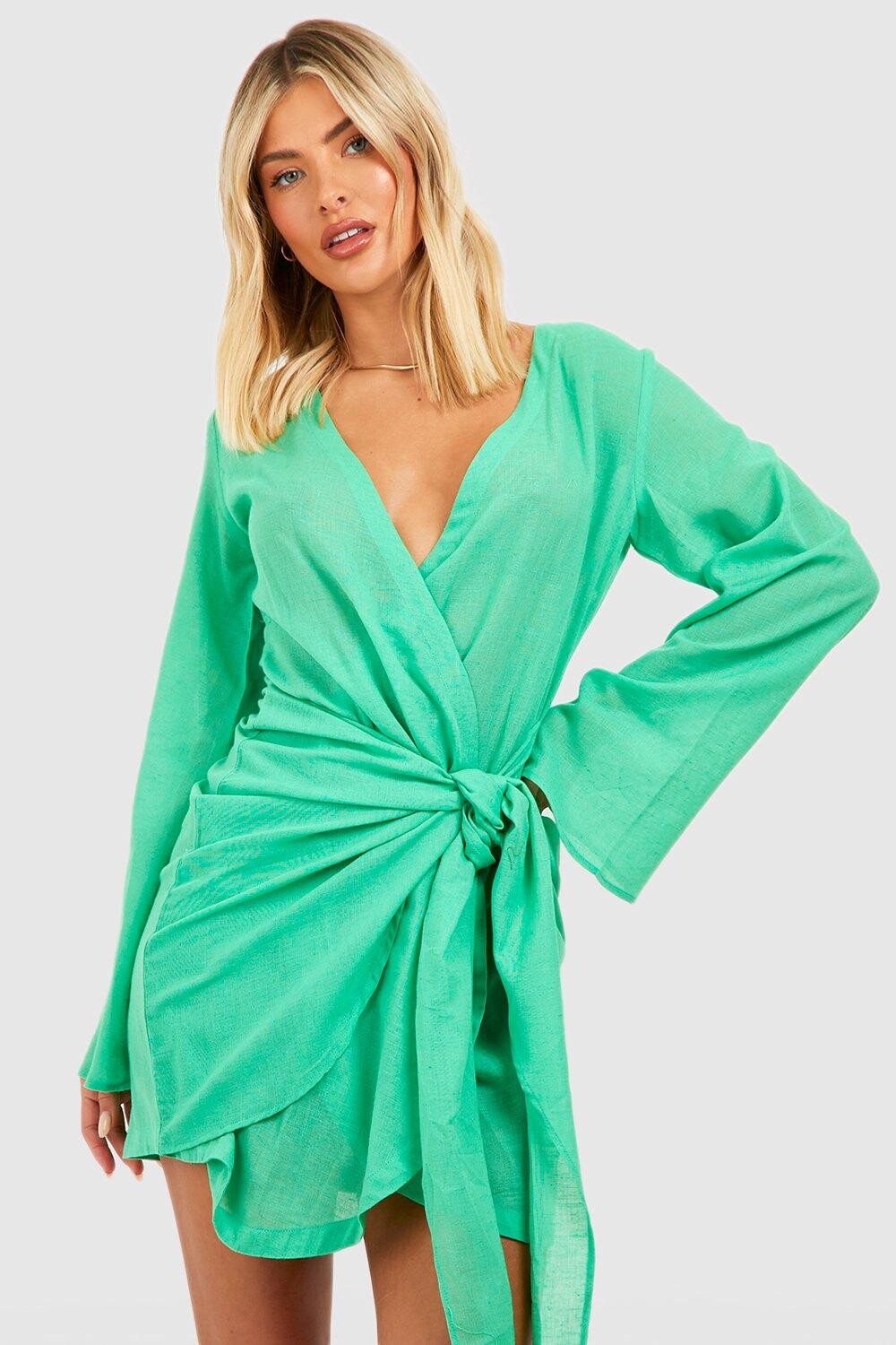 

Пляжное мини-платье из льняного материала с завязкой спереди boohoo, зеленый