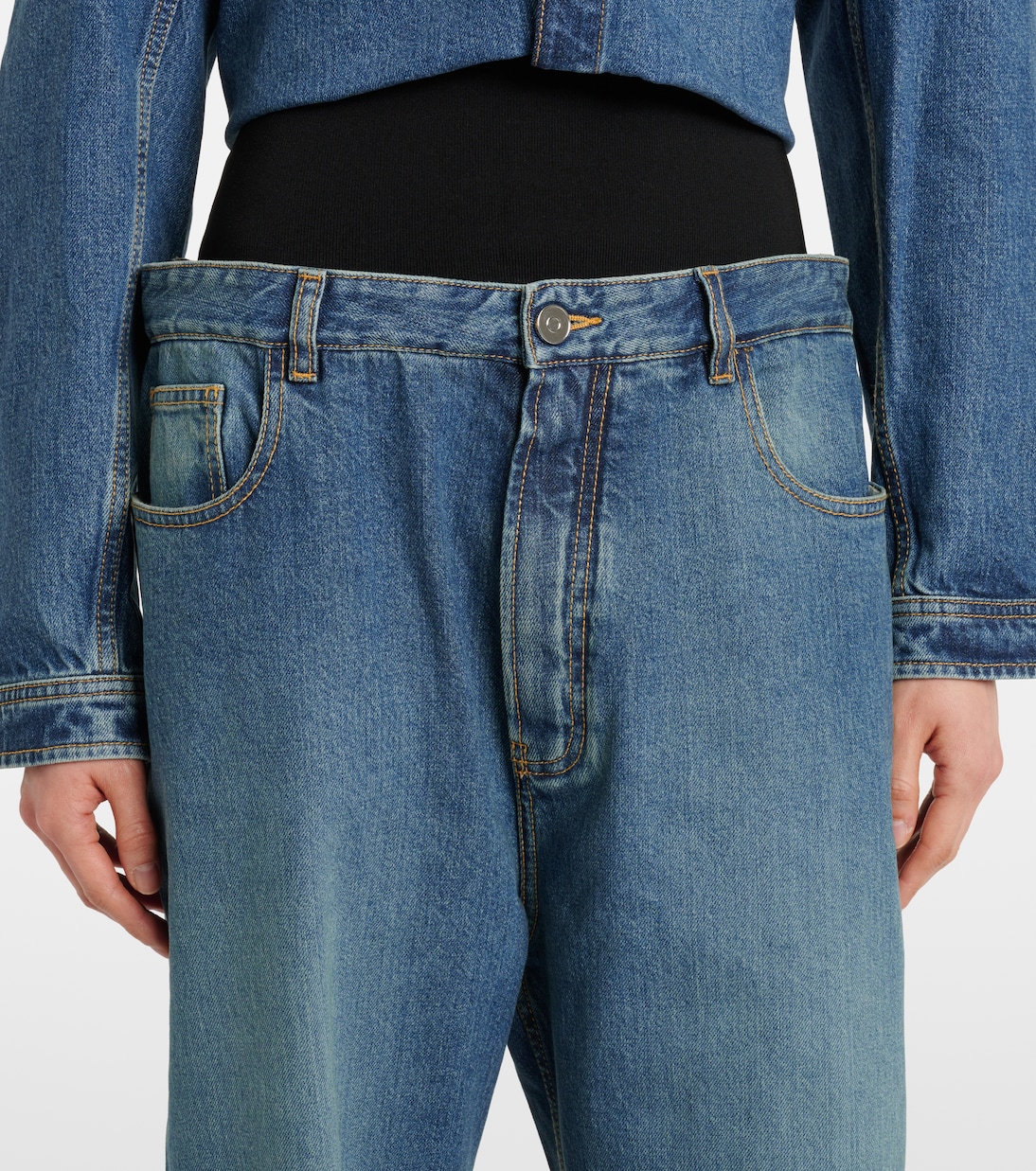Высокие прямые джинсы с отделкой из джерси Alaïa, Bleu Vintage — фото 4