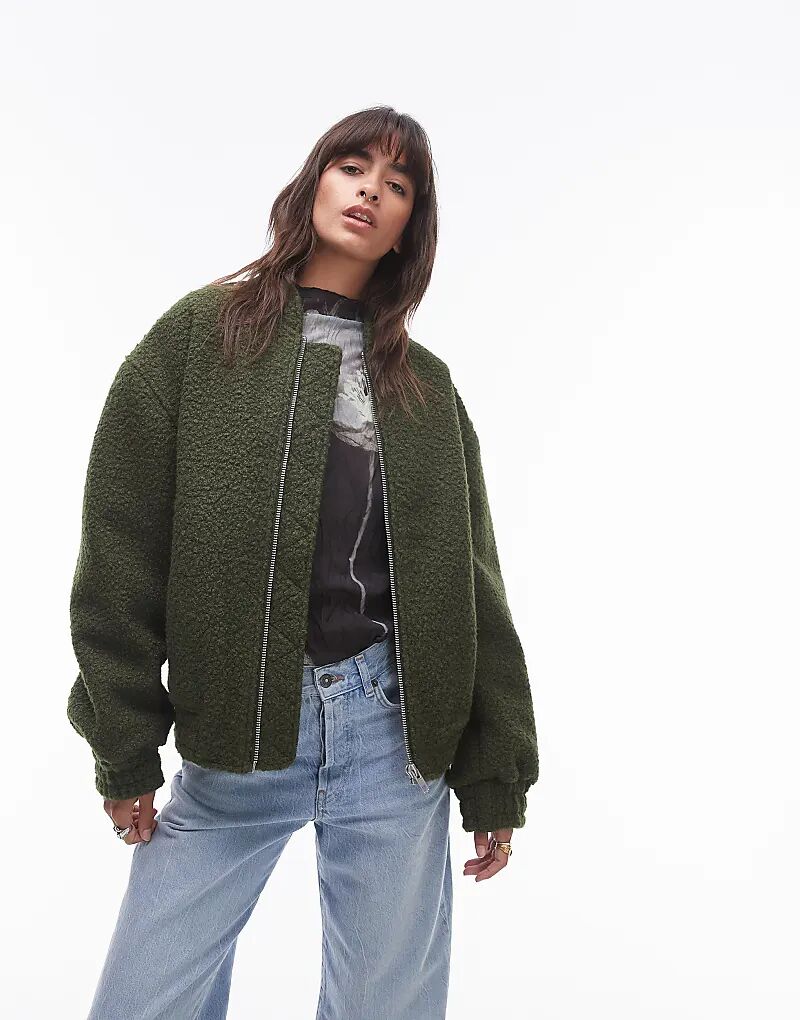 

Куртка-бомбер из букле цвета хаки Topshop