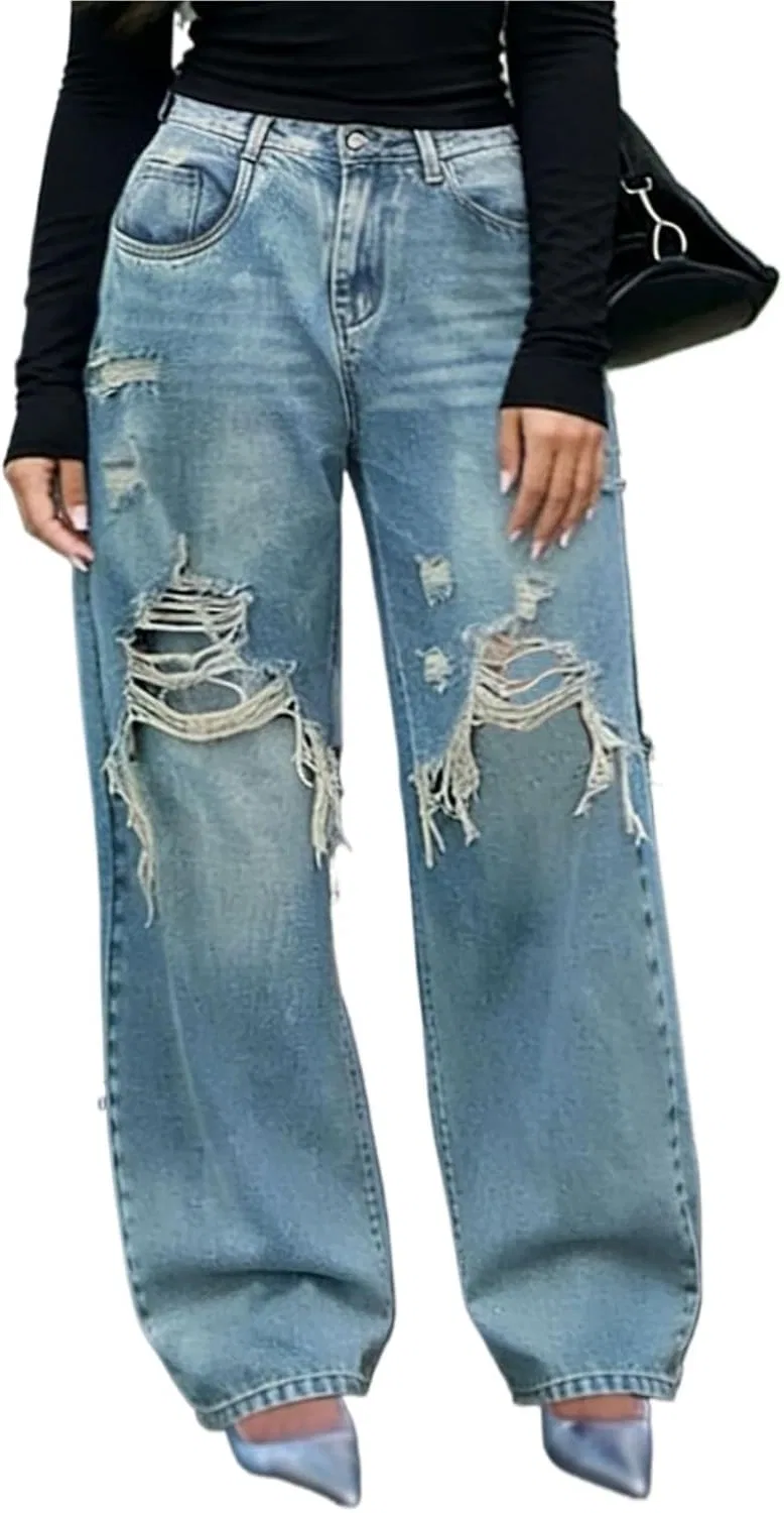 Джинсы свободные, рваные, Wide Leg, Blue
