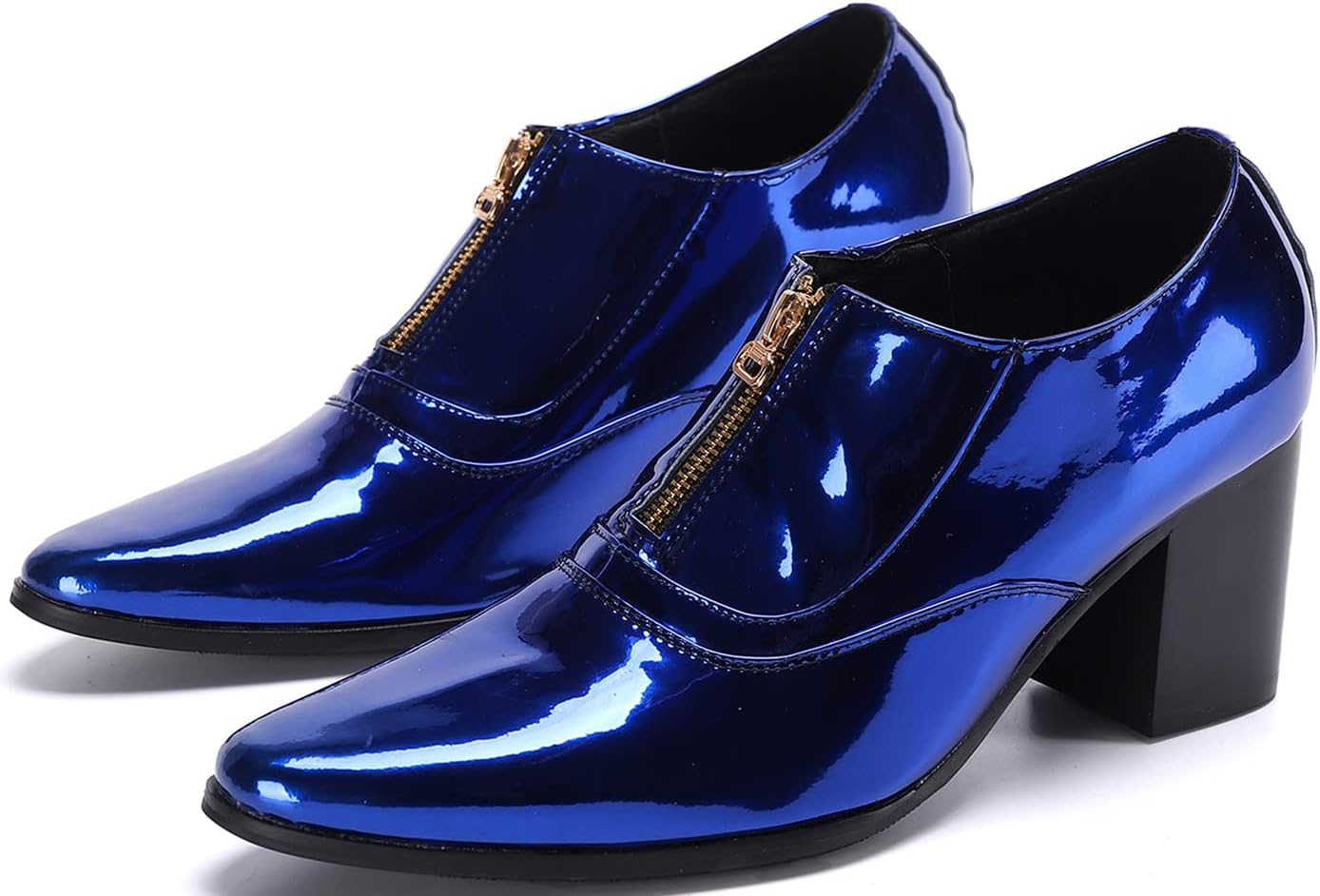 

Мужские лоферы Santimon из металлической лакированной кожи с массивным каблуком - ботильоны с острым носком и молнией на щиколотке, праздничные туфли на широком каблуке, синий