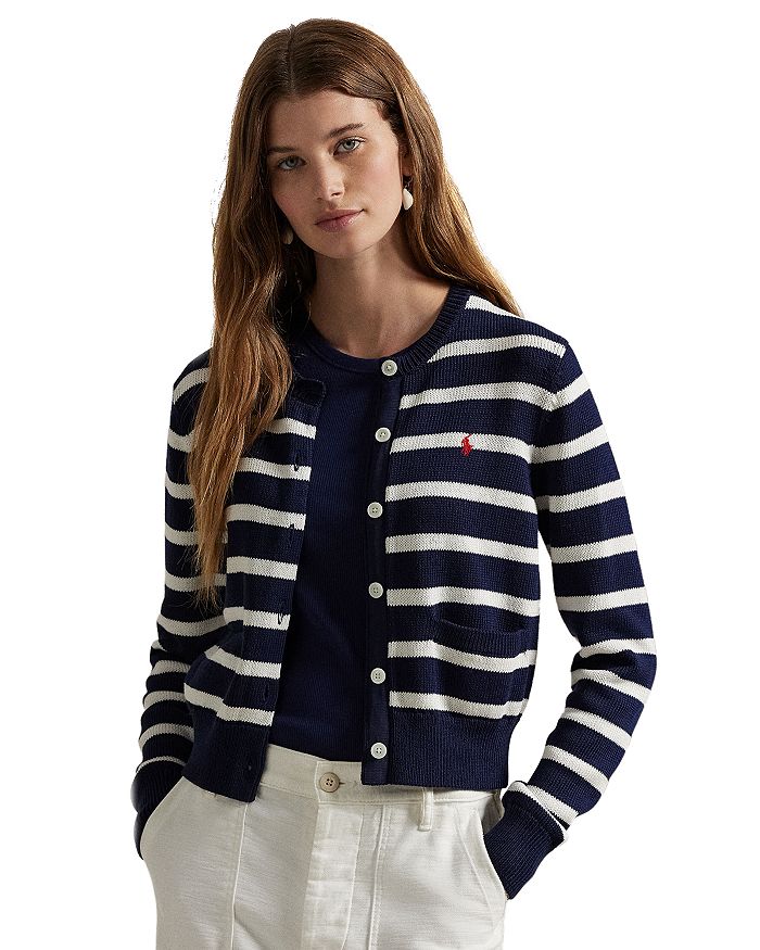 

Полосатый хлопковый кардиган с круглым вырезом Lauren Ralph Lauren, синий