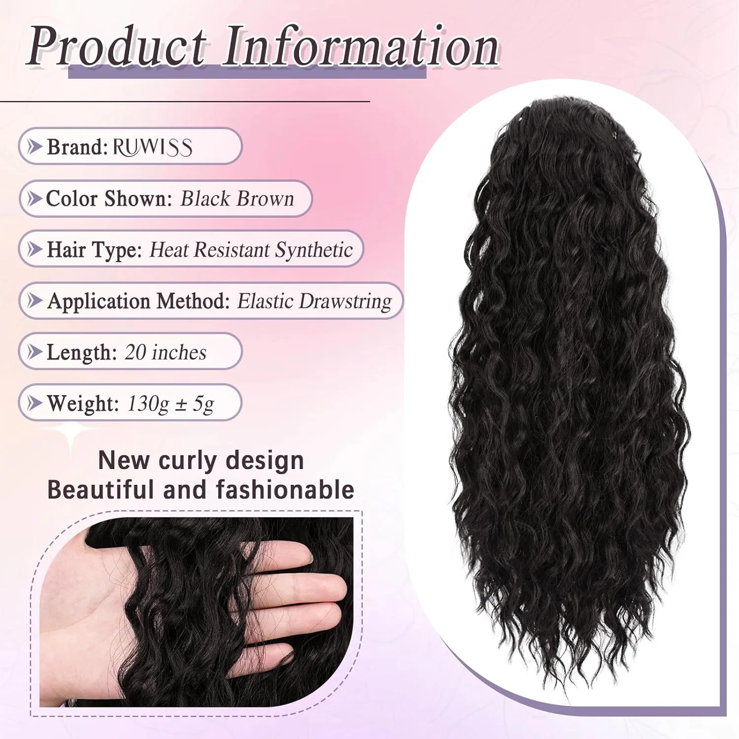 Накладной хвост на заколке «Curly Ponytail» от RUWISS Ruwiss, Black Brown — фото 2