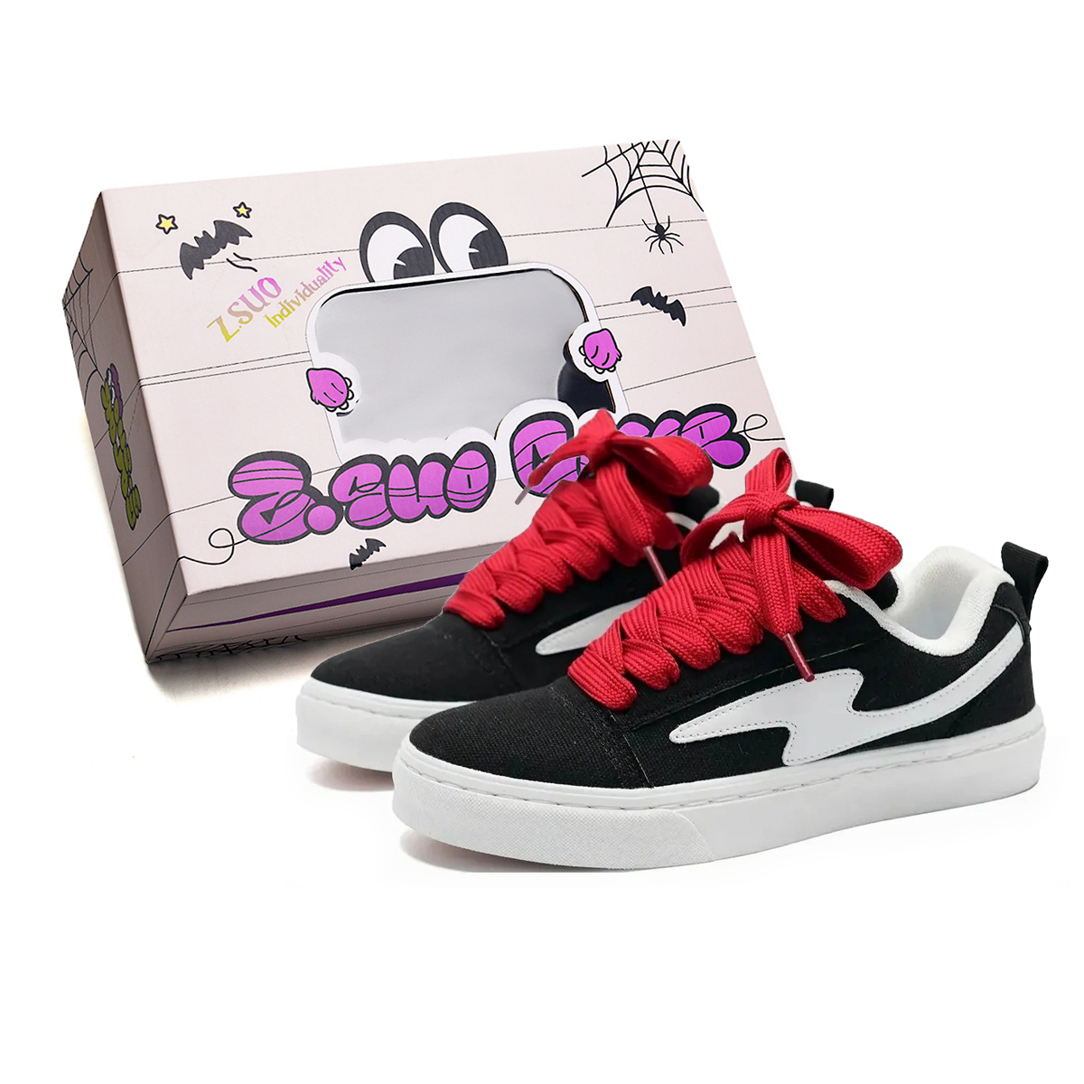 

Z.SUO Низкие скейтерские кроссовки унисекс черные с красными шнурками, цвет Black (Red Laces)