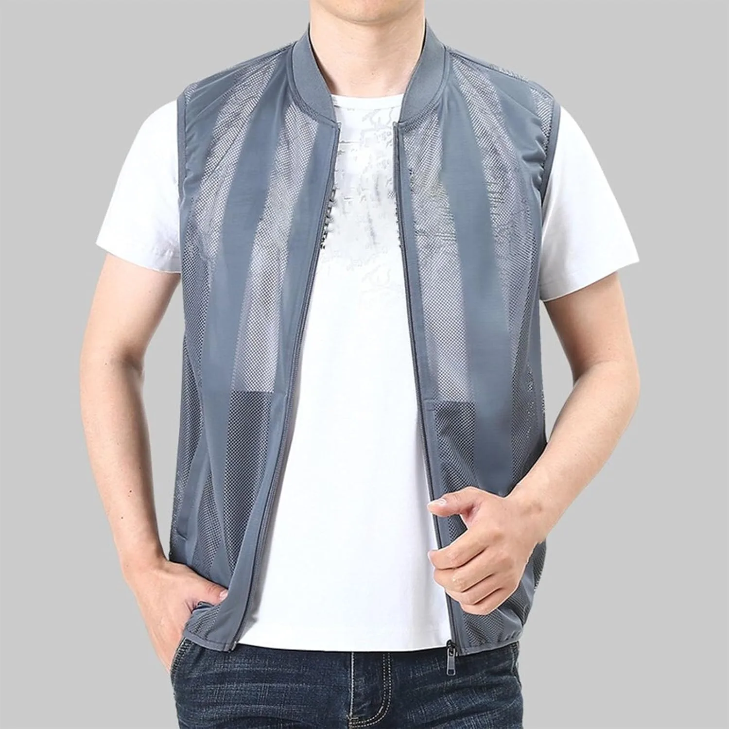 Мужской летний жилет, легкий, дышащий, из сетчатого материала, для велоспорта, путешествий, фотосъемки, работы на открытом воздухе, сафари и фотосъемки. Жилет на молнии Generic, серый — фото 4
