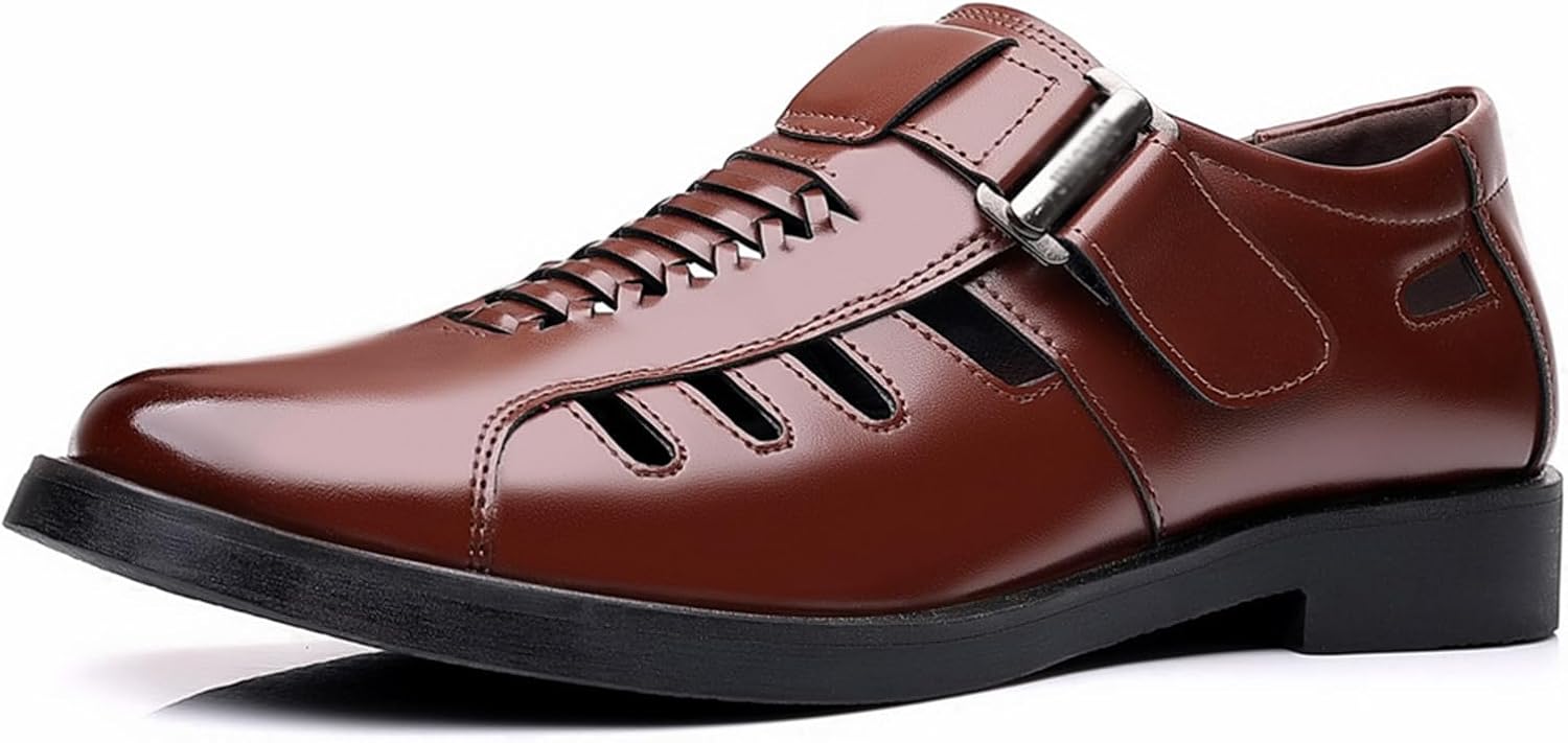 

Мужские кожаные туфли MANYUBEI, дышащие сандалии с открытым носком, большой размер, низкие, с круглым носком, деловые, повседневные, размер 44 EU, коричневые