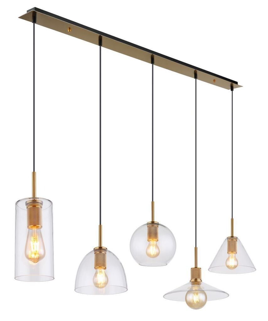 

Globo Lighting подвесной легкий металл цвета латуни, матовый, прозрачное стекло, черный ПВХ-кабель, высота может быть уменьшена, 5 различных стекол, ДхШхВ: 1370x280x1200 мм, без 5x E27 60Вт 230В., серебро