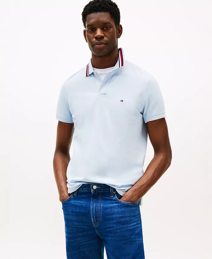 

Мужская поло классического кроя с красно-бело-синим воротником Tommy Hilfiger, синий
