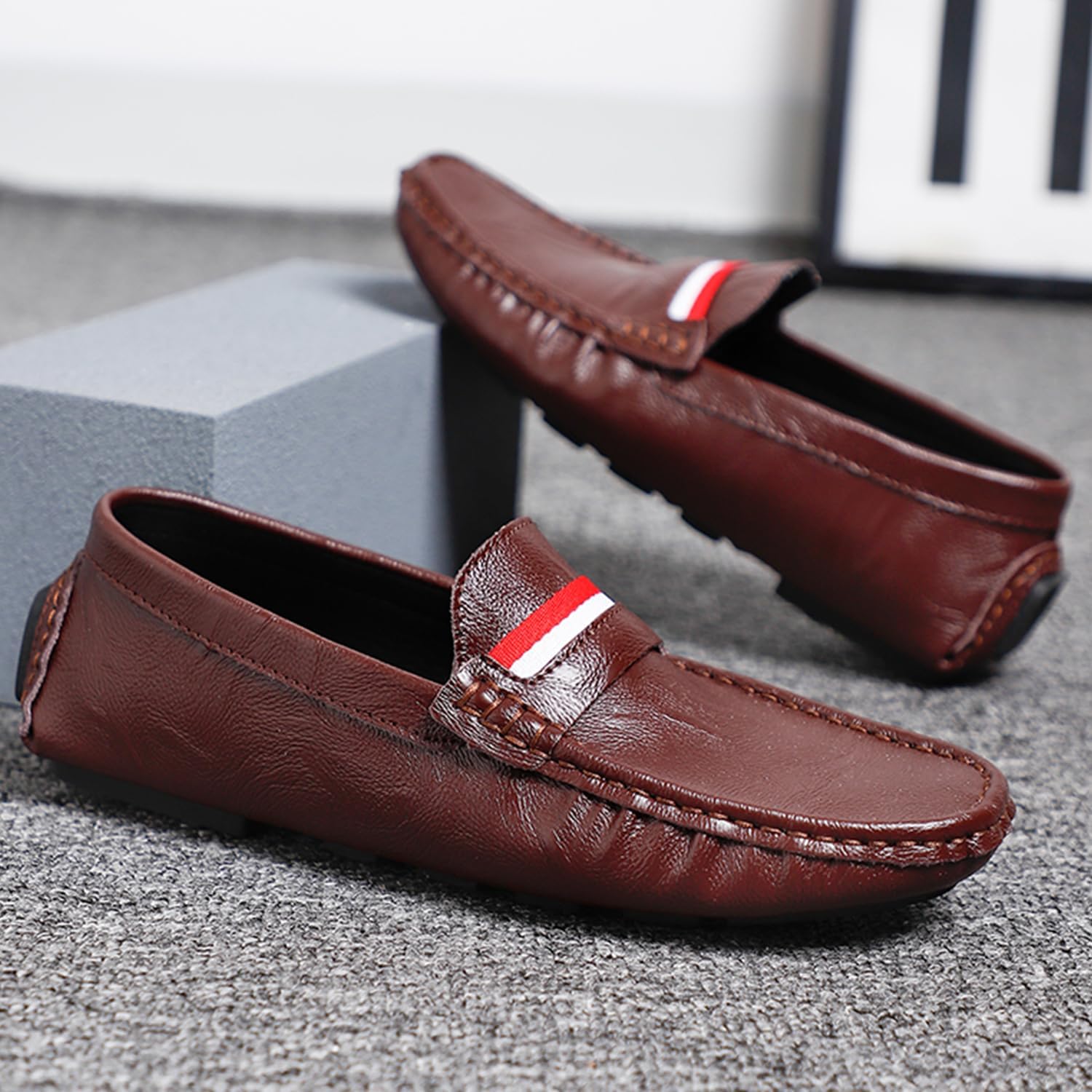 Мужские мокасины Dacnakby Penny Loafers, лоферы, слипоны с красно-белой полоской, повседневная обувь на плоской подошве, лодочные туфли — фото 2