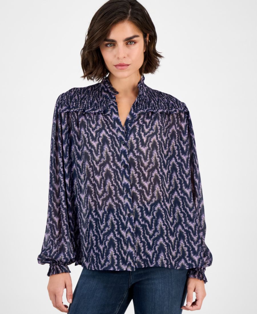 

Женская блузка с воротником-стойкой и сборками BOSS Orange, Amethyst Print