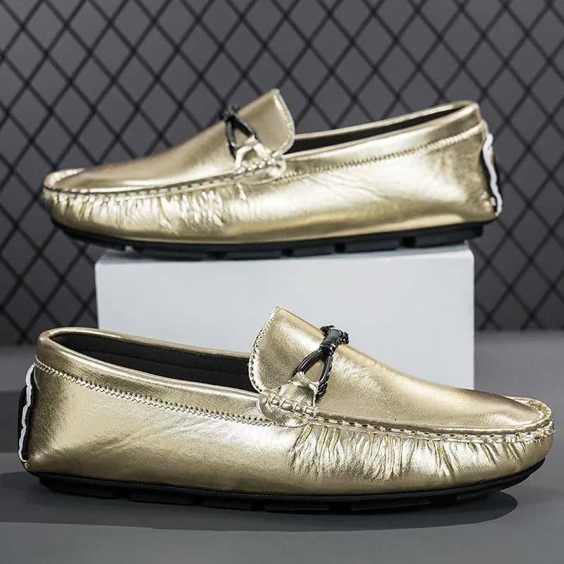 Лоферы кожаные Men's Loafers Faux Leather Shiny Driving Style Loafer Comfortable Anti-Slip Lightweight Walking Slip-ons, Золотистый SayfuR — фото 2