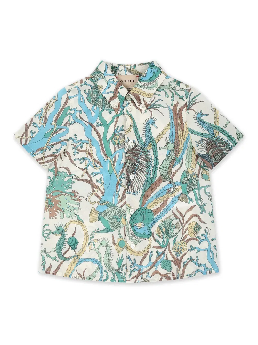 Хлопковая рубашка с морским принтом Gucci Kids, зеленый