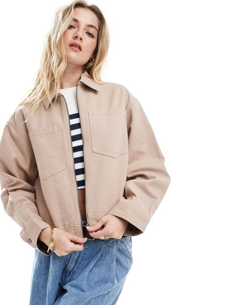 

Укороченная твиловая куртка пыльно-розового цвета ASOS DESIGN