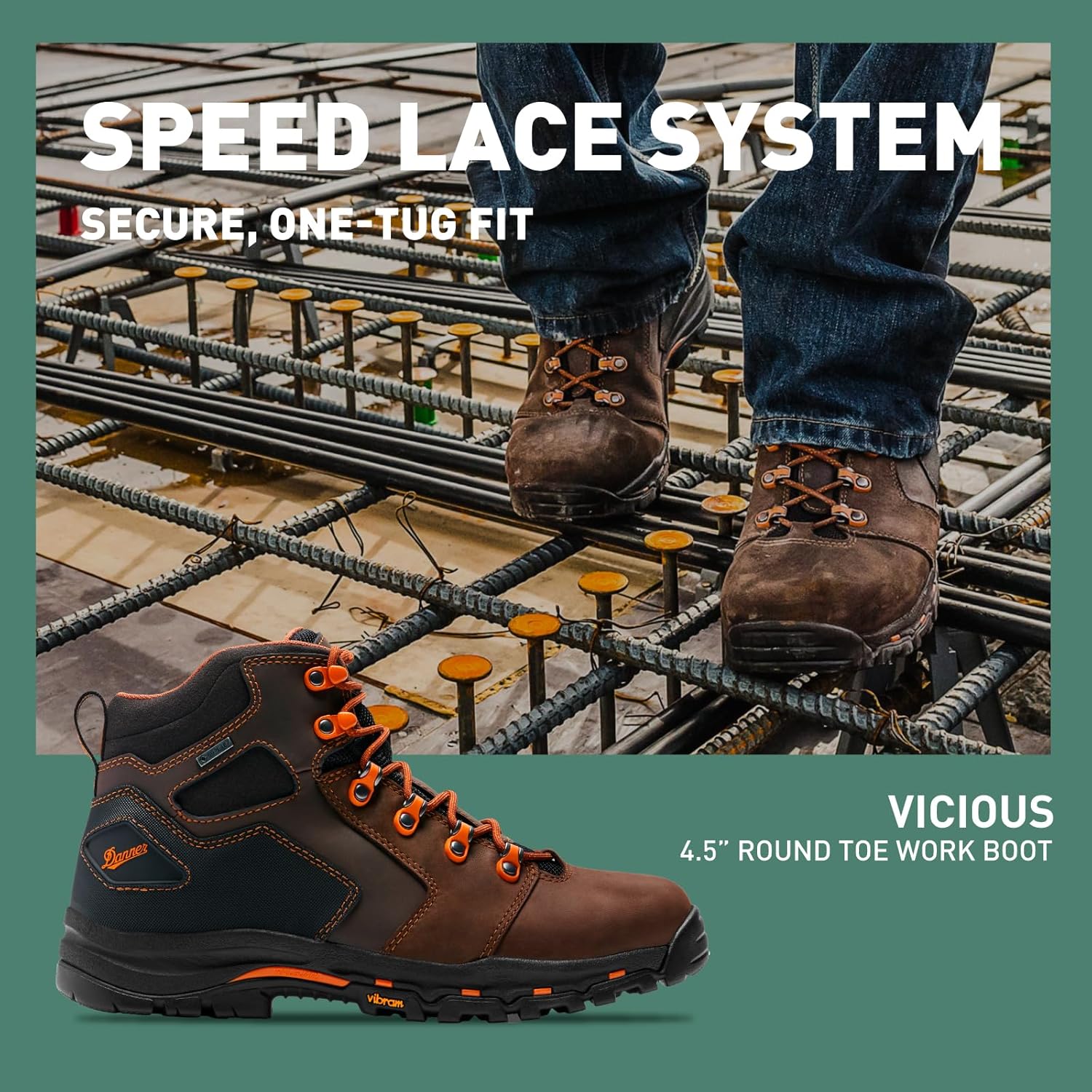 Мужские ботинки Danner Vicious 4,5 водонепроницаемые - из кожи полного зерна с дышащей подкладкой Gore-Tex, системой быстрого шнурования и противоскользящей подошвой с каблуком, оранжевый/коричневый — фото 2