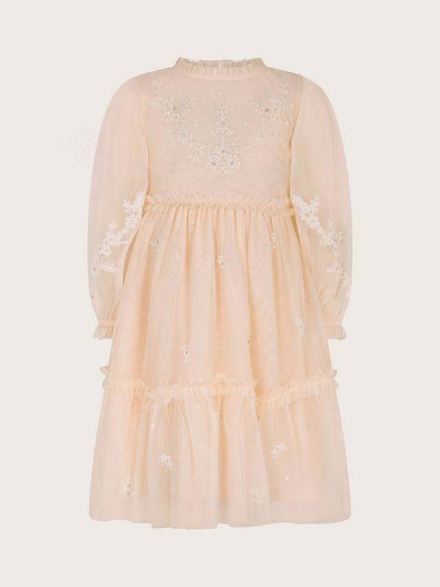 

Детское платье Elena с цветочной вышивкой и рюшами из тюля Monsoon, Pale Pink